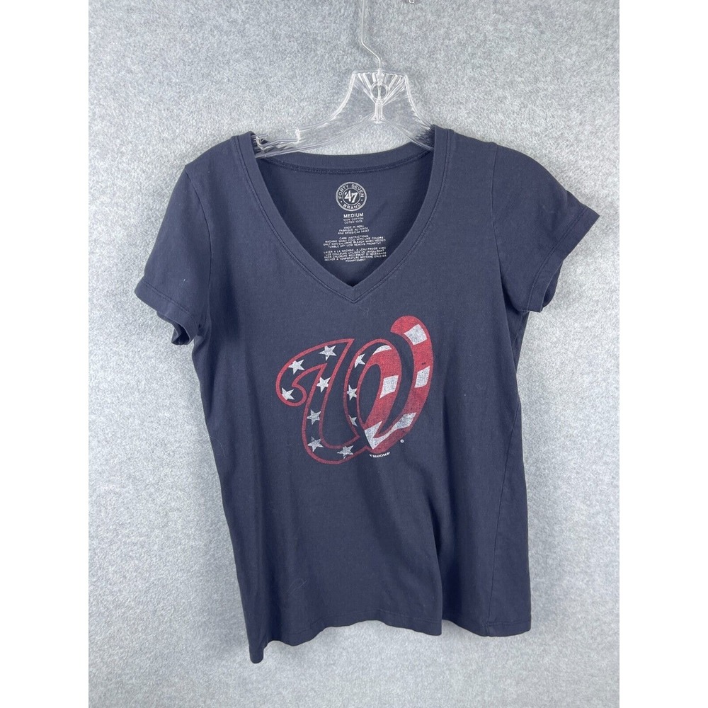47 Brand Washington Nationals‎ Shirt Women's M Black Short Sleeve V Neck MLB Tee